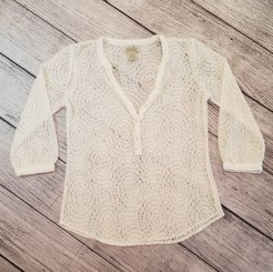 Lucky Brand White Crochet 3/4 Sleeve V Neck Top